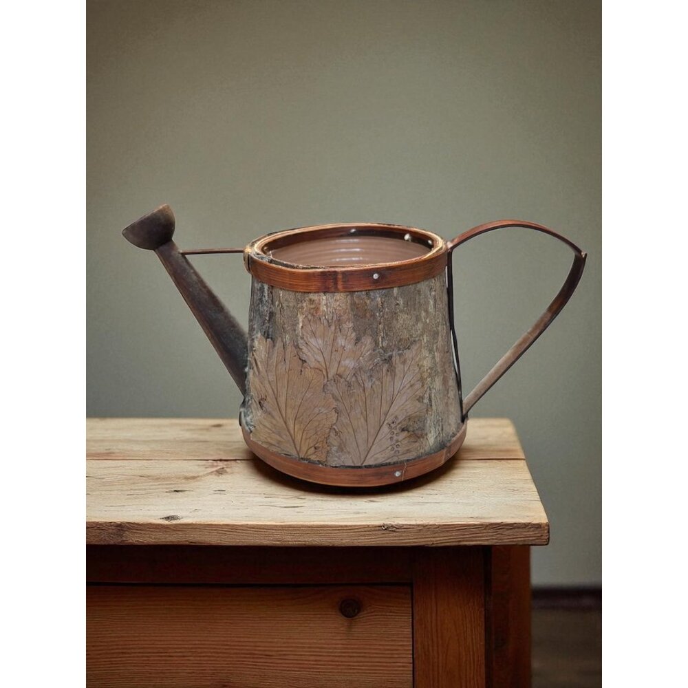 Vintage Primitive Wood Bark Rustic Wooden Watering Can Planter 5x9x5